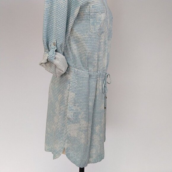 Lou & Grey Blue Geometric Print Drawstring Waist Dress Size S Roll Tab Sleeves - Picture 6 of 10